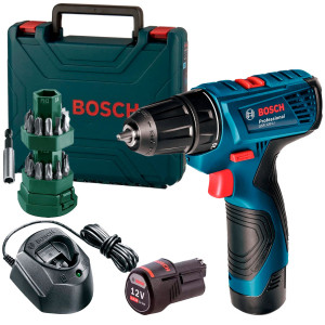 Акумуляторний дриль-шурупокрут Bosch GSR 120-LI Professional в чемодані з 2 акб 2 Ah, з/п GAL 1210 CV та набором з 24 біт