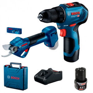 Безщітковий шурупокрут Bosch GSR 12V-30 Professional з акумуляторними садовими ножицями Bosch Pro Pruner, 2 акб GBA 12V 2 Ah і з/у GAL 12V-40 у чемодані