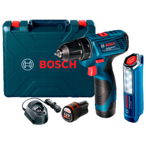 Ударная дрель-шуруповерт Bosch GSB 120-Li Professional в кейсе с 2 акб GBA 12V 2.0 Ah и з/у GAL 1210 CV, фонариком GLI 12V-300